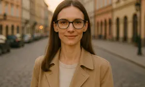 Kobieta w okularach i beżowym płaszczu stoi na ulicy.
