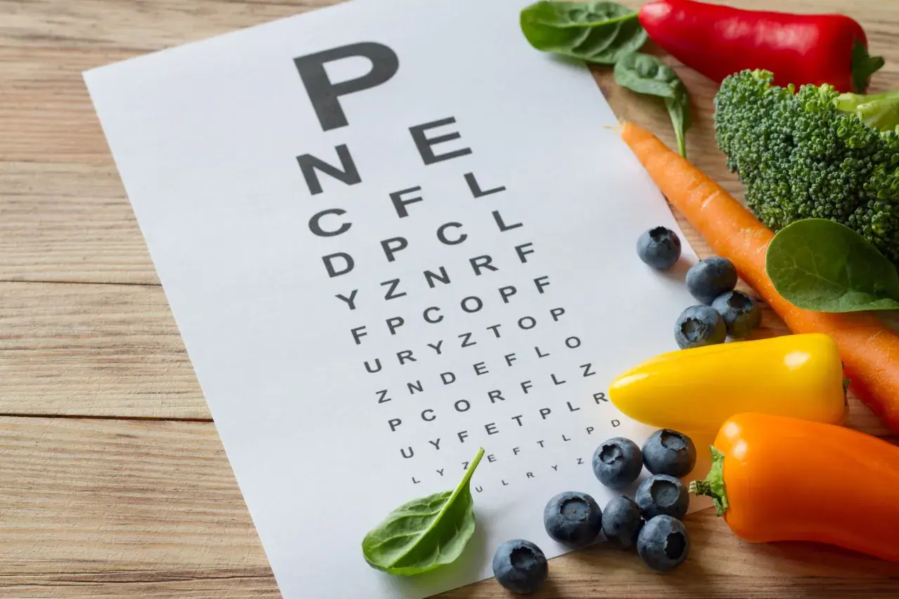 Tablica optometryczna z warzywami i owocami: marchew, brokuły, papryki, jagody, szpinak.