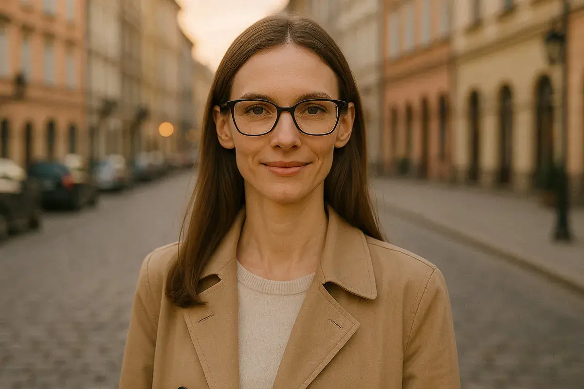 Kobieta w okularach i beżowym płaszczu stoi na ulicy.