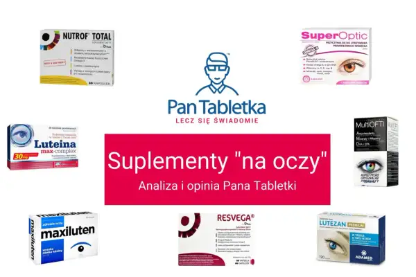 Różne suplementy diety na oczy, w tym Nutrof Total, SuperOptic, Luteina, Maxiluten, MultiOFTI, Resvega i Lutezan.